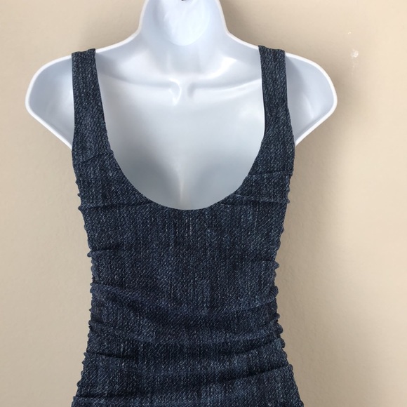 90’s Vintage Fuzzi Denim Printed Mesh Ruched Midi Dress - Picture 3 of 5